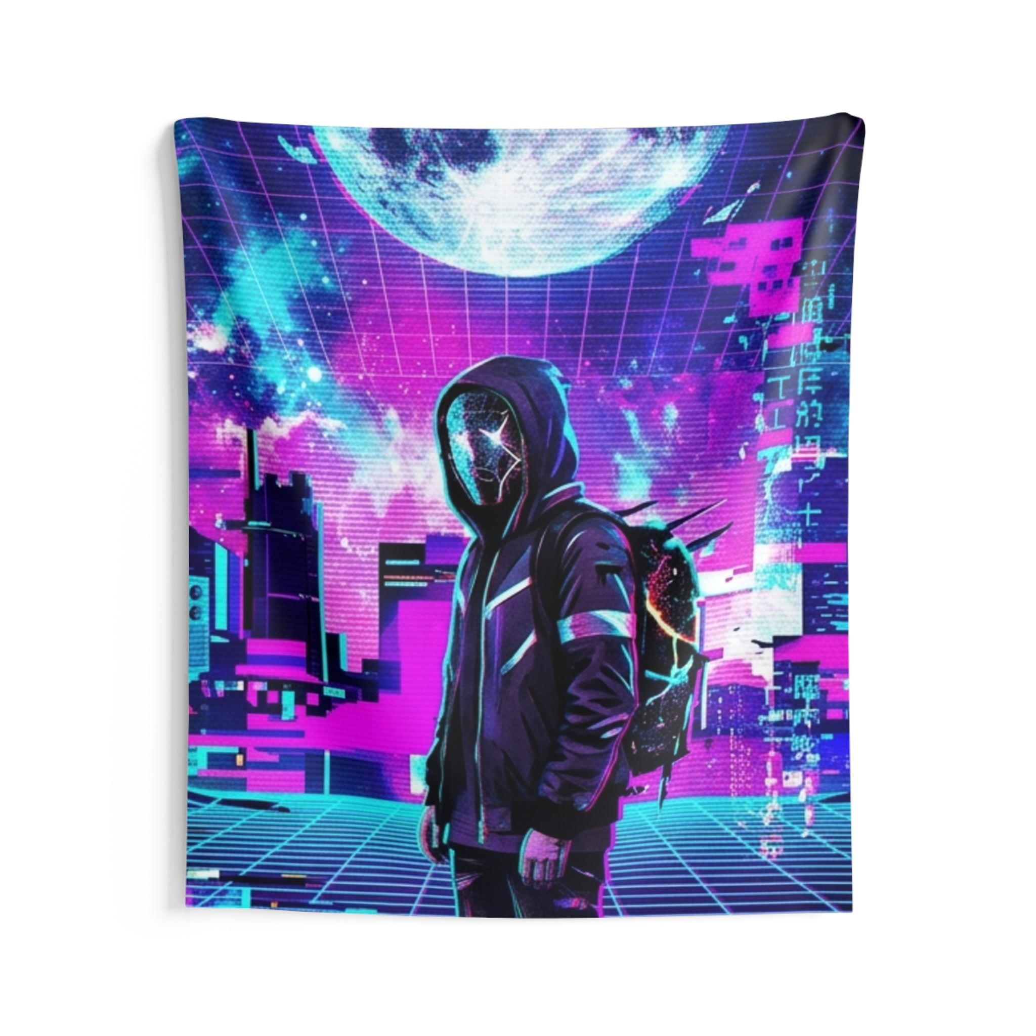 Vaporwave Cyberpunk Tapestry — Neon Moon Hoodie Wall Art