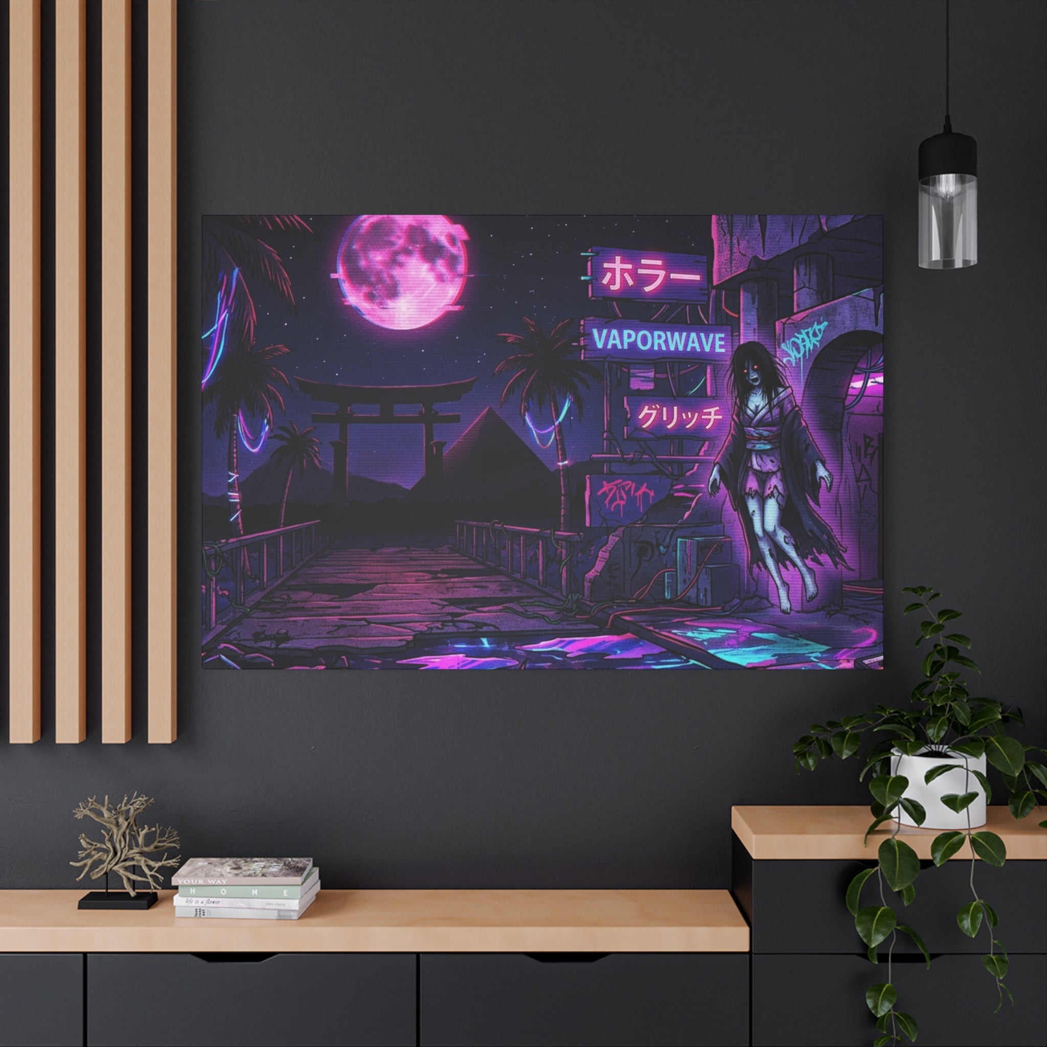Vaporwave Neon Canvas Print – Retro Japanese Horror Nightscape