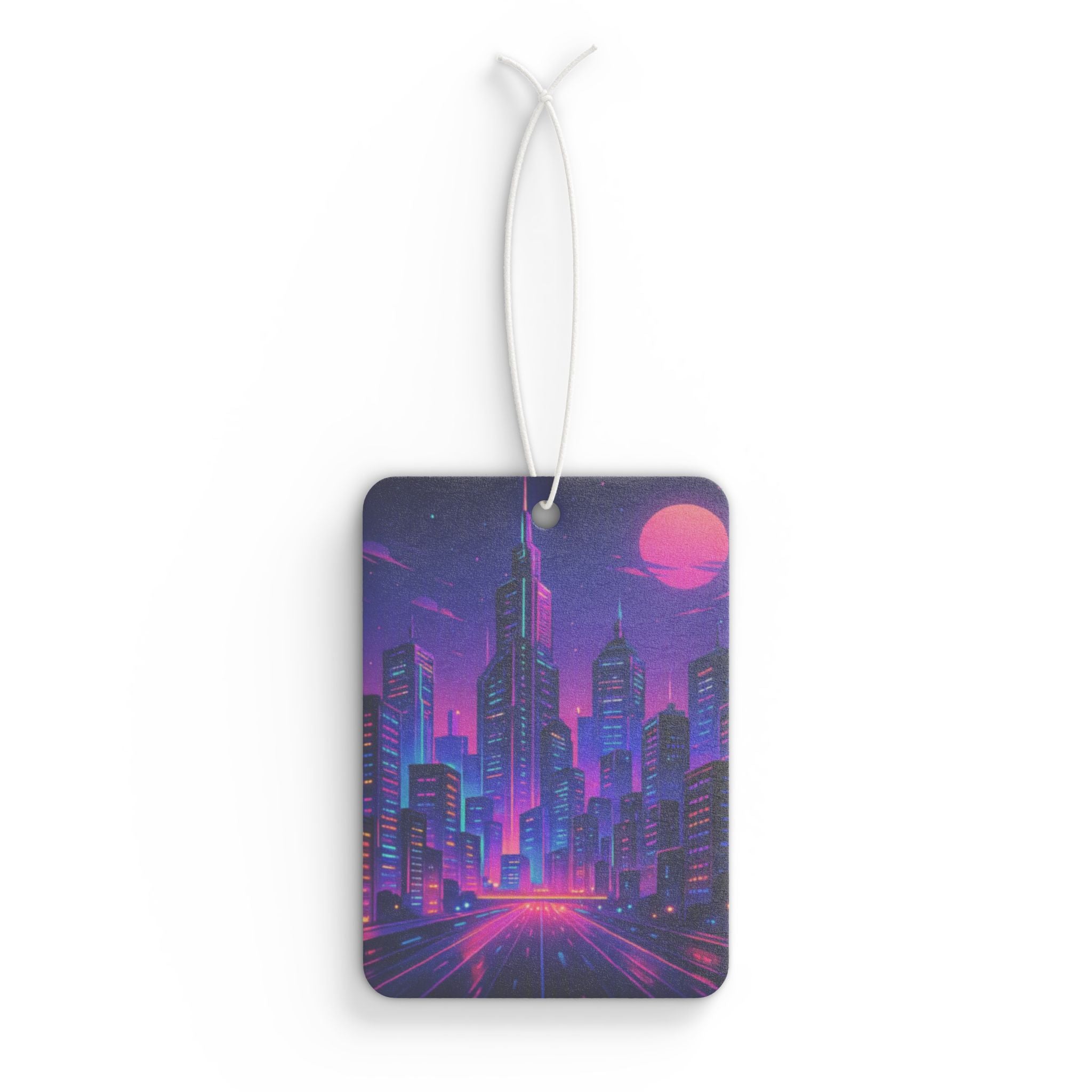 Retro Neon City Car Air Freshener – Vaporwave Skyline Scented Tag