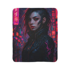 Cyberpunk Portrait Sherpa Blanket — Neon City Futuristic Throw