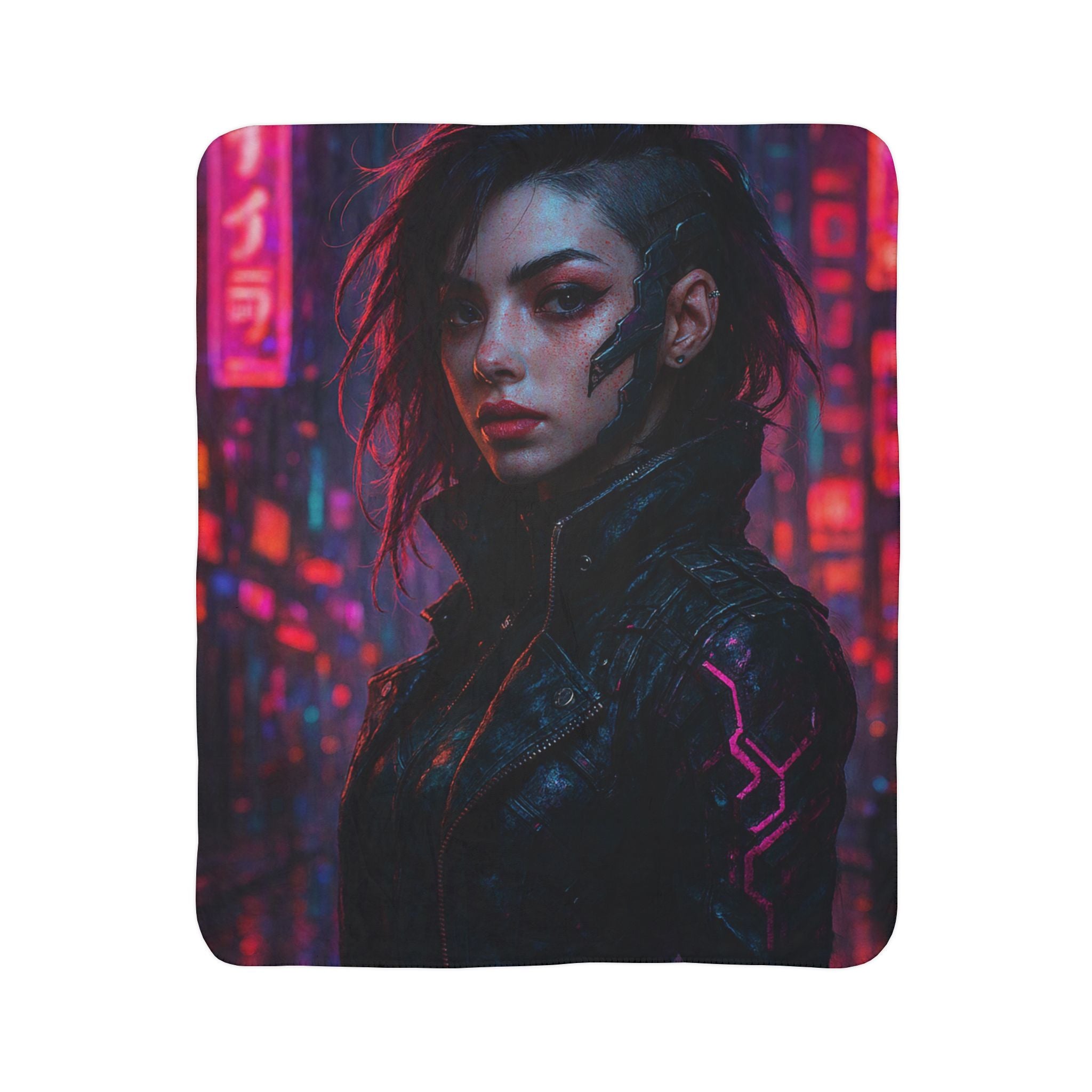 Cyberpunk Portrait Sherpa Blanket — Neon City Futuristic Throw