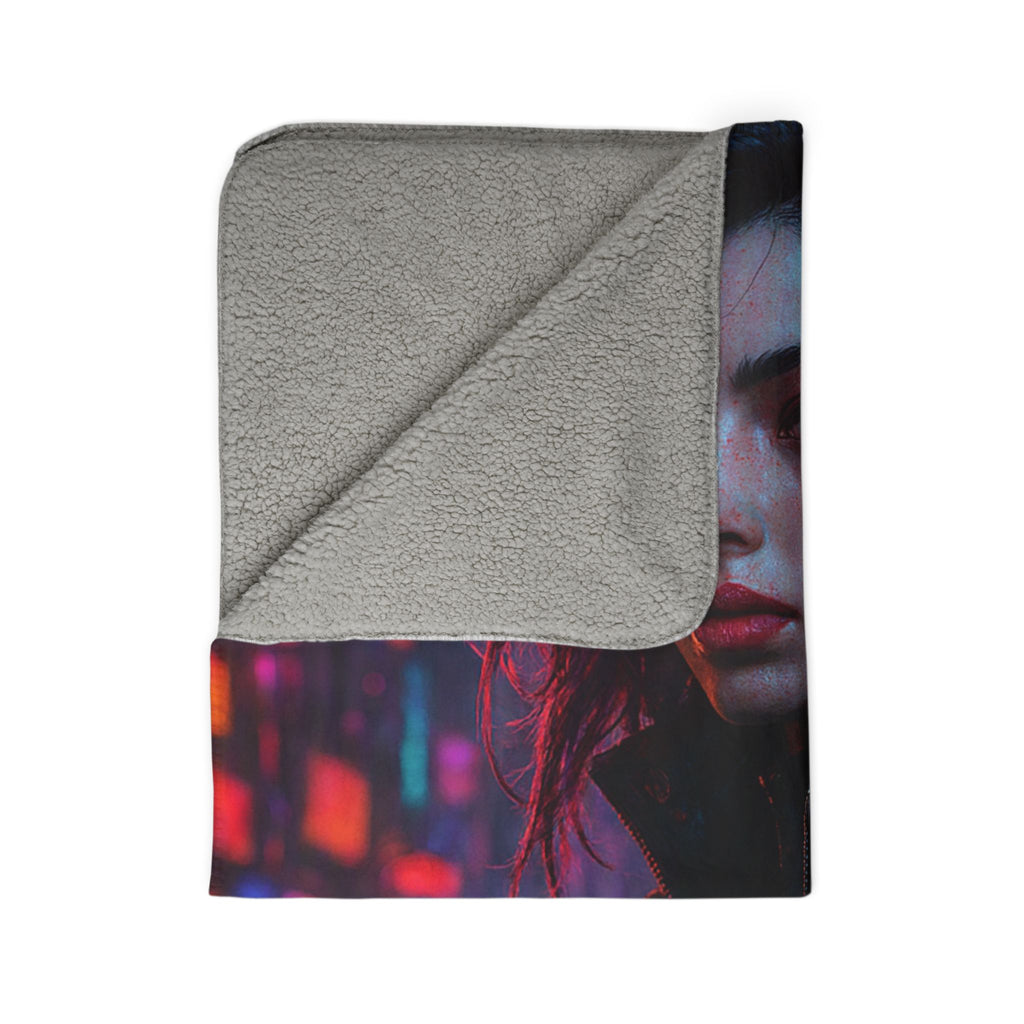 Cyberpunk Portrait Sherpa Blanket — Neon City Futuristic Throw