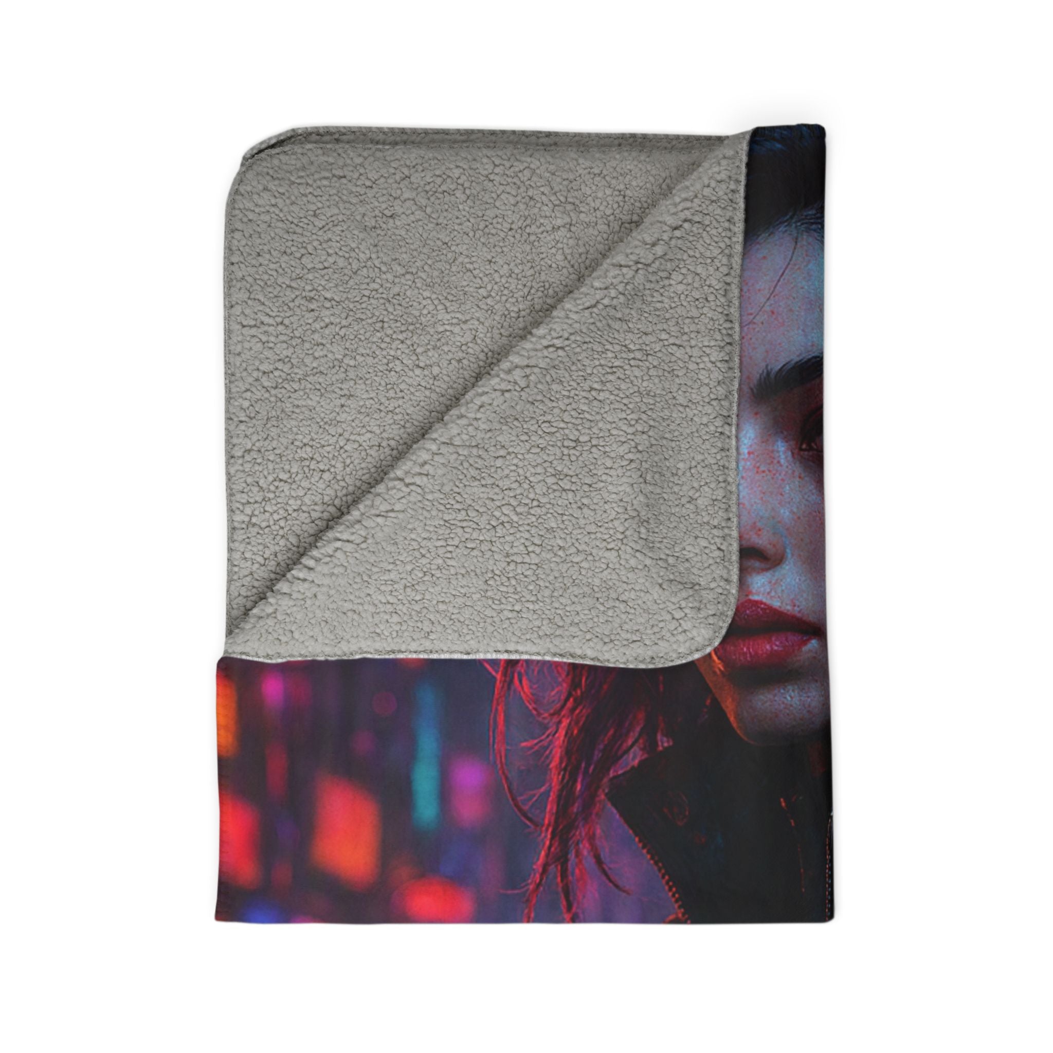 Cyberpunk Portrait Sherpa Blanket — Neon City Futuristic Throw
