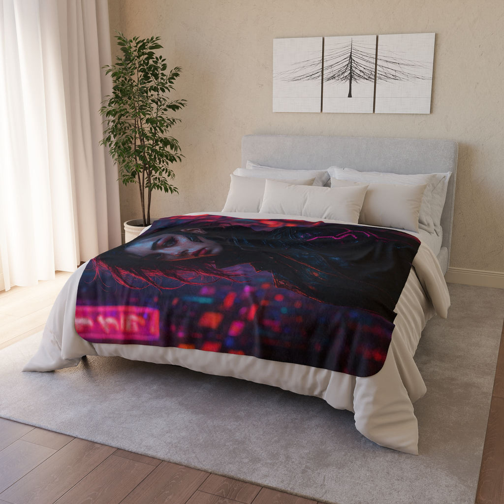 Cyberpunk Portrait Sherpa Blanket — Neon City Futuristic Throw