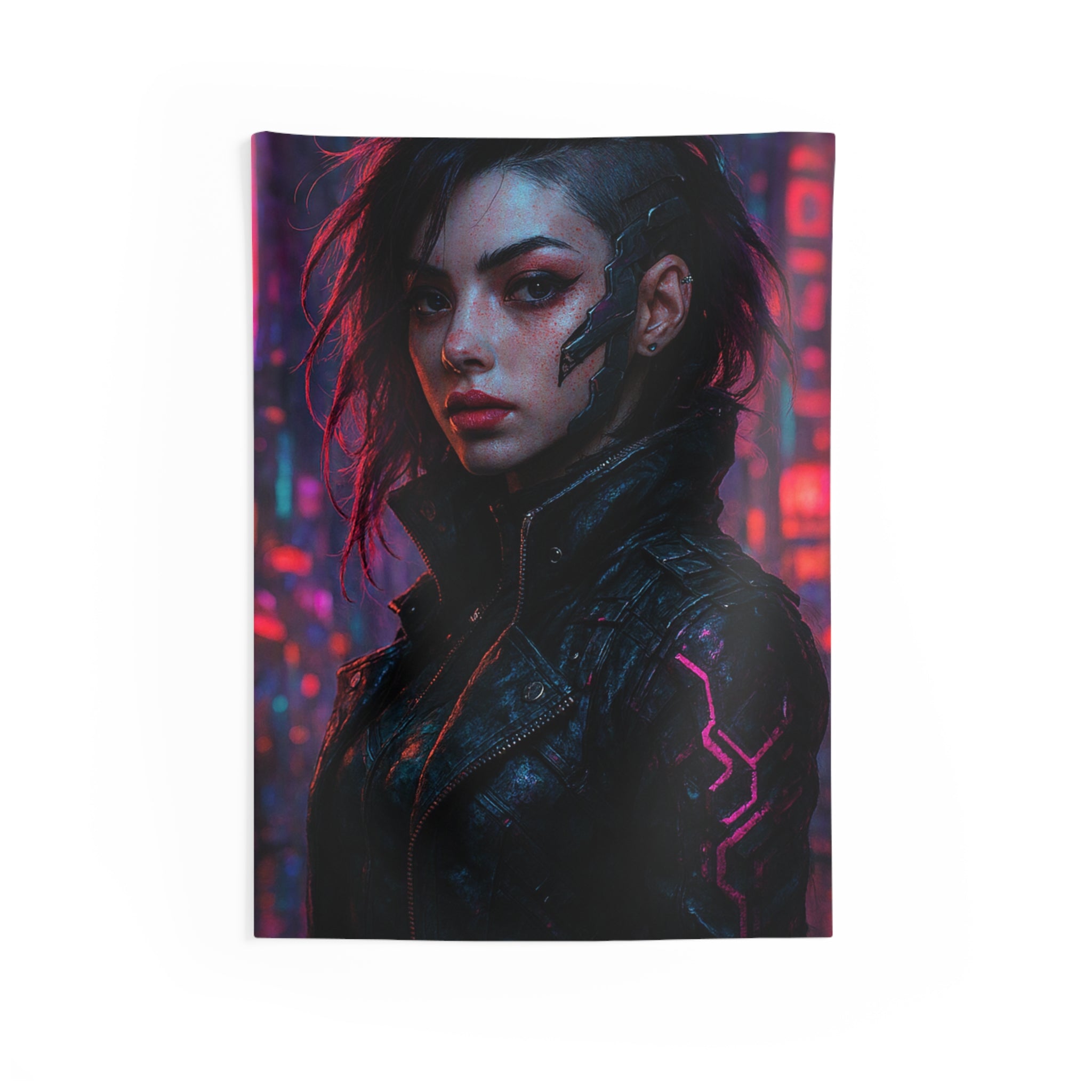 Cyberpunk Female Portrait Wall Tapestry – Neon City Sci‑Fi Decor
