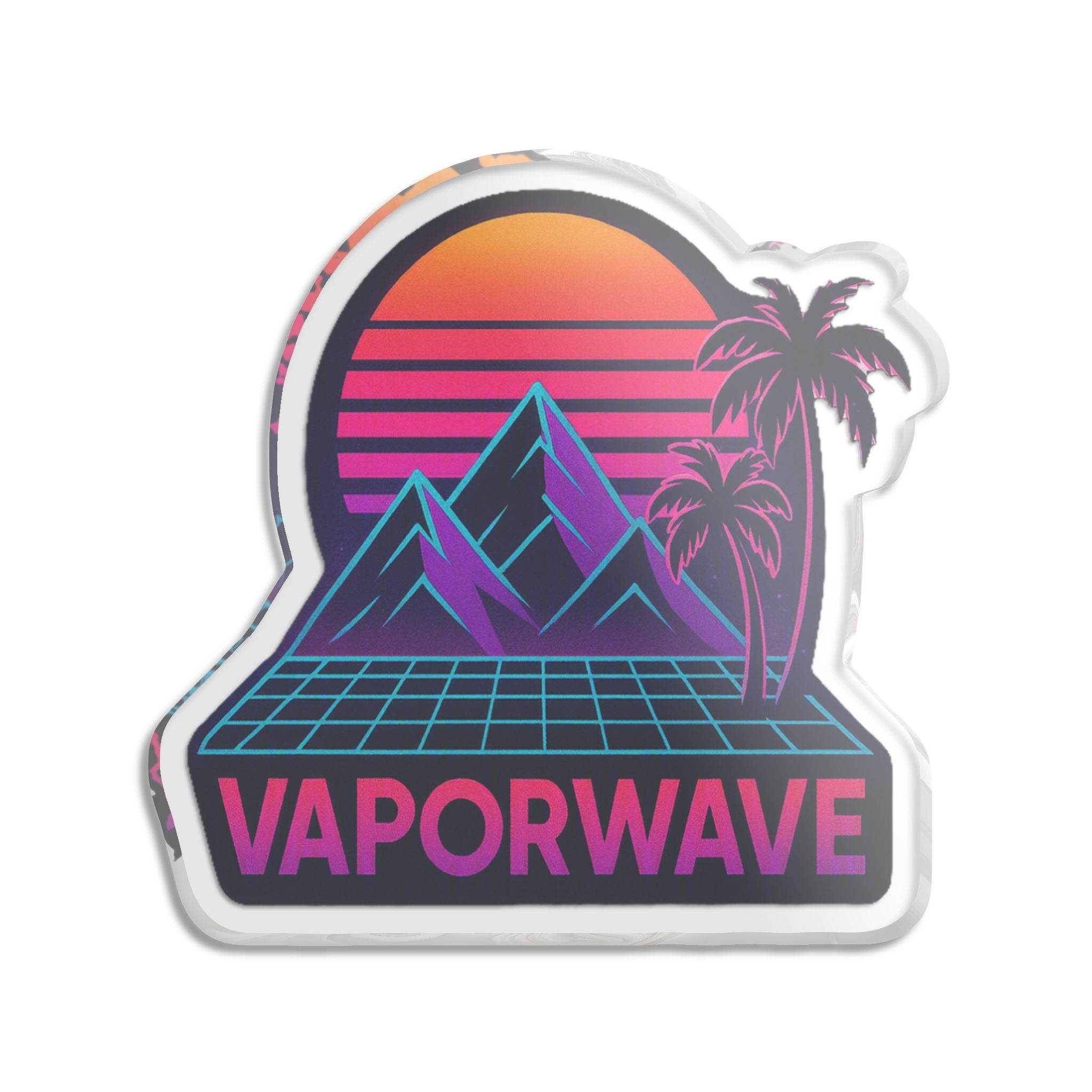 Vaporwave Sticker – Retro Neon Sunset Mountains Palm Trees