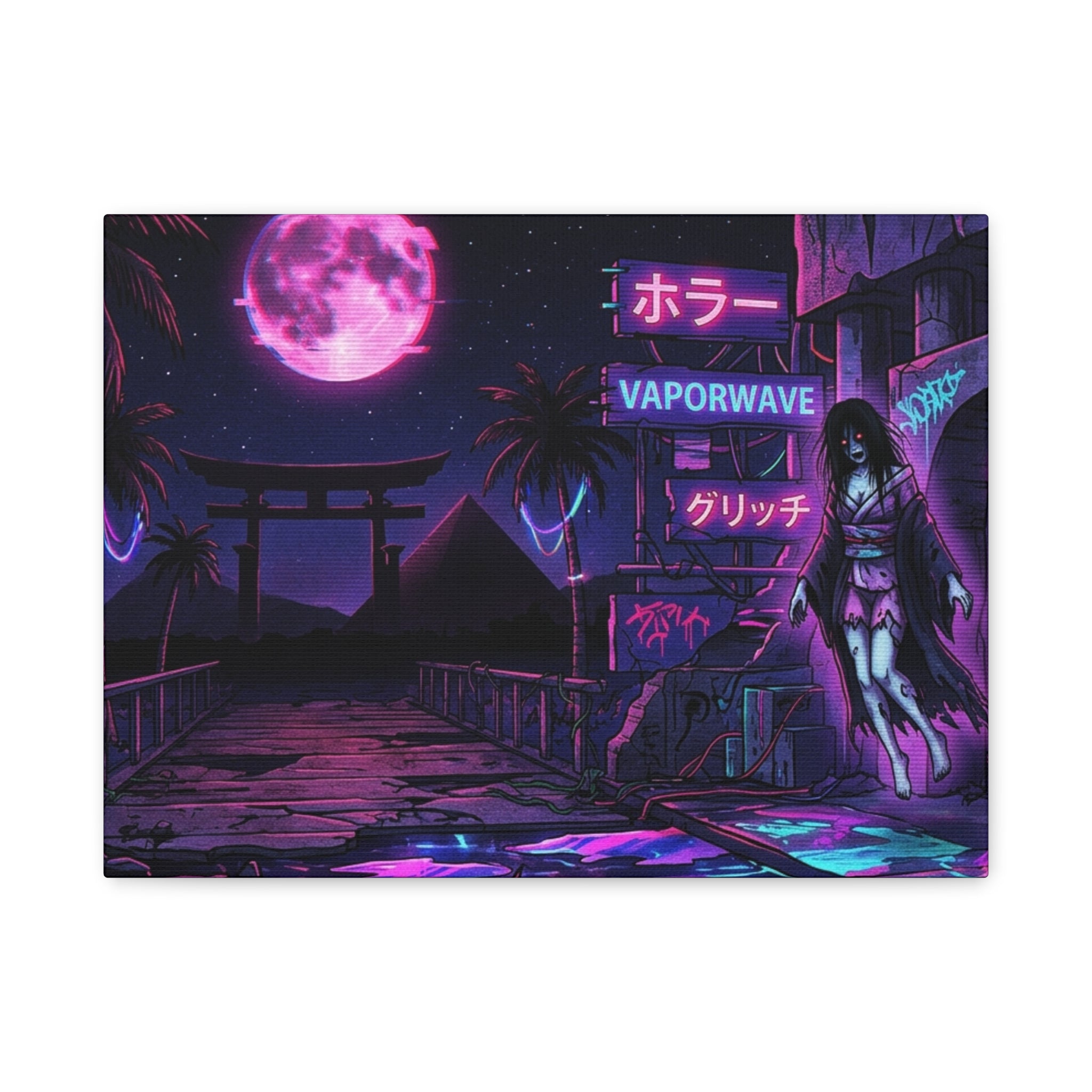 Vaporwave Neon Canvas Print – Retro Japanese Horror Nightscape