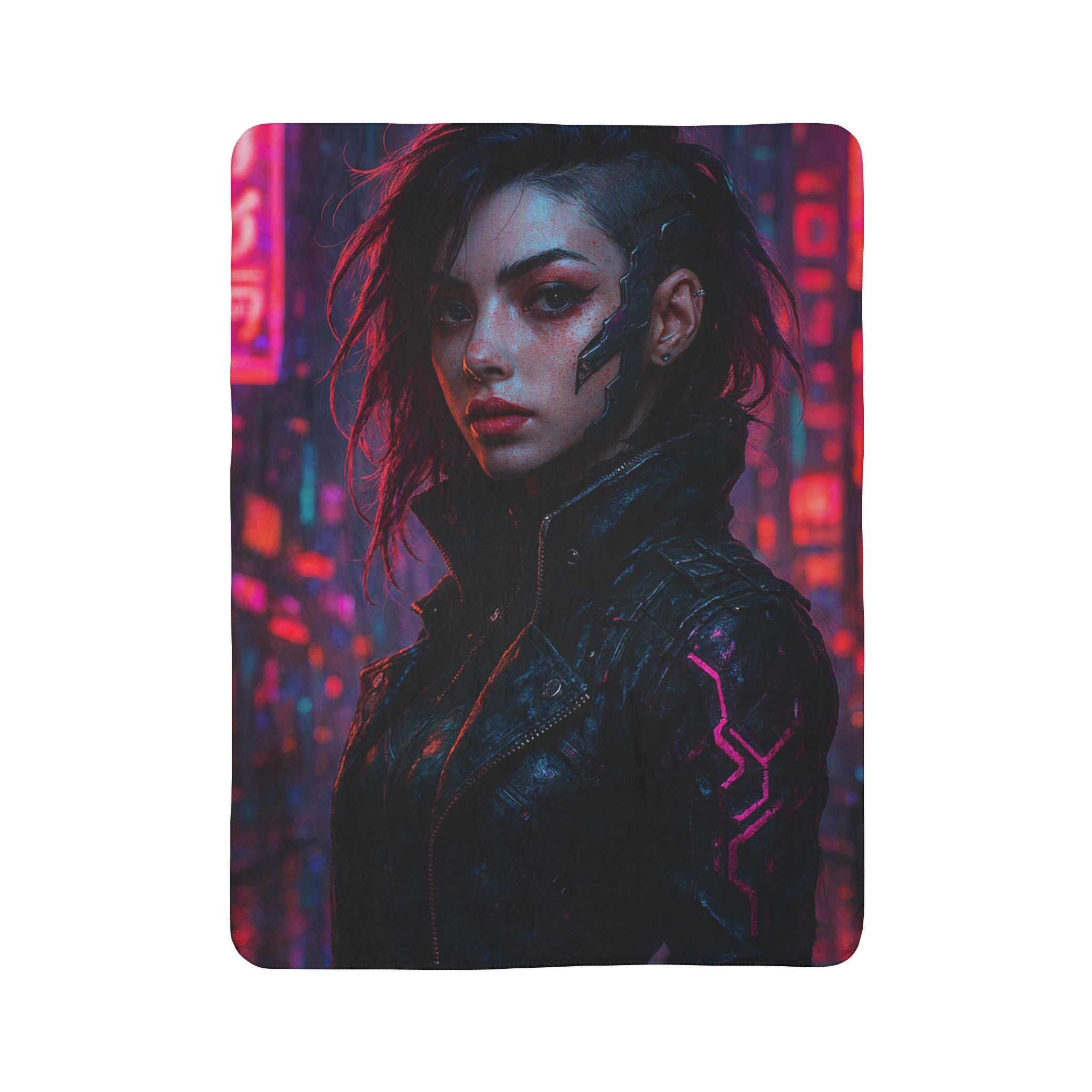 Cyberpunk Portrait Sherpa Blanket — Neon City Futuristic Throw