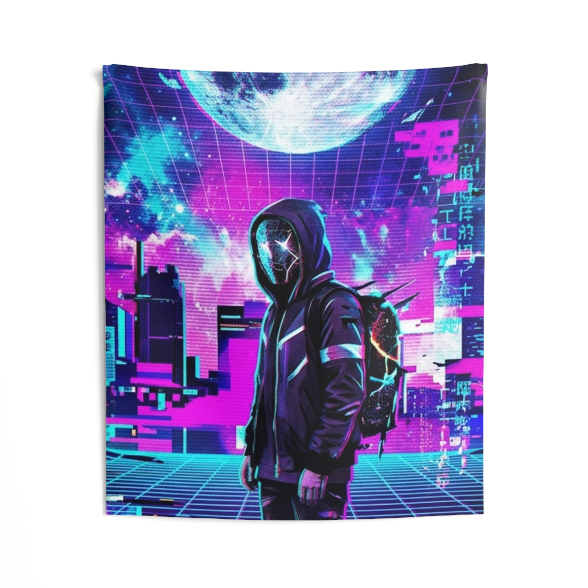 Vaporwave Cyberpunk Tapestry — Neon Moon Hoodie Wall Art