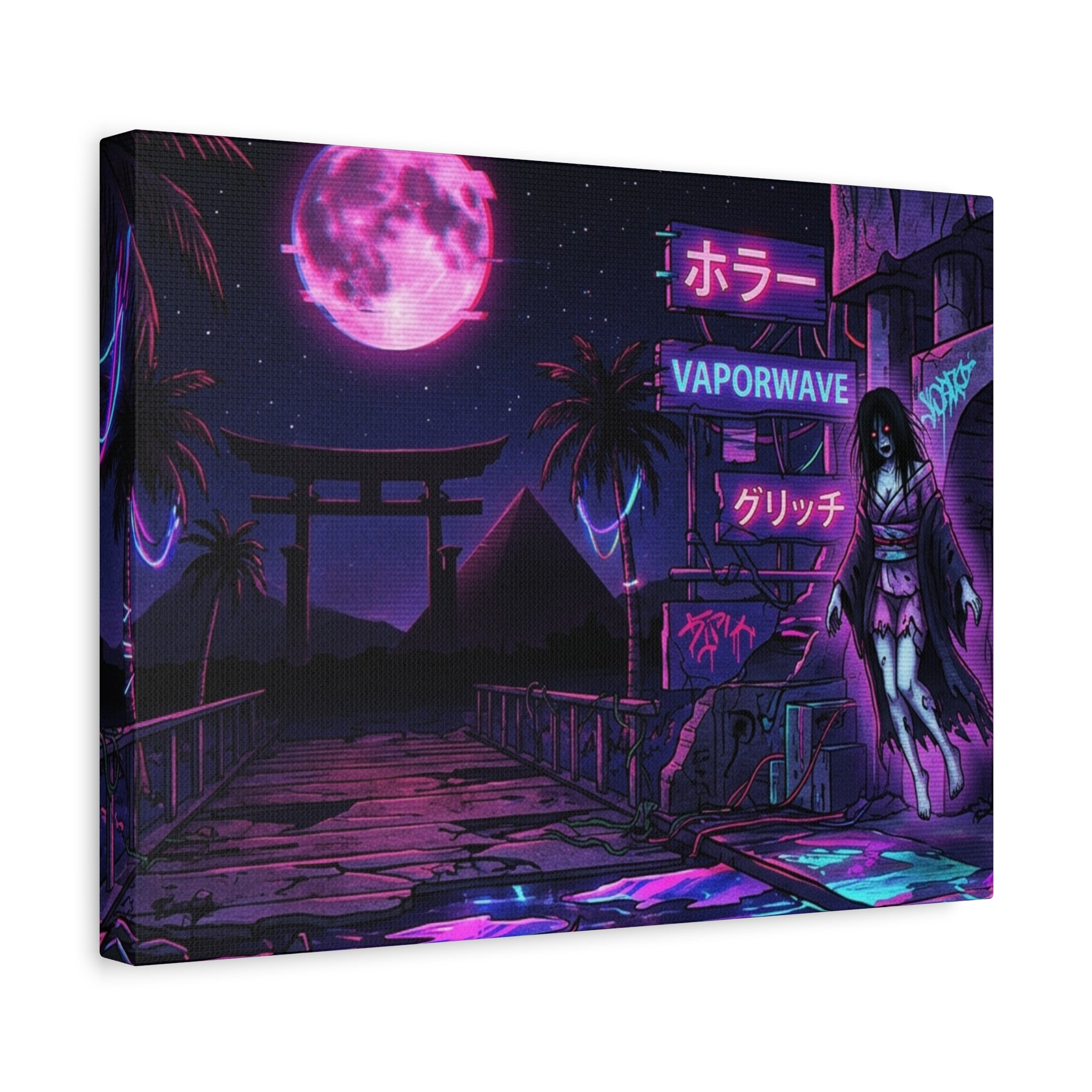 Vaporwave Neon Canvas Print – Retro Japanese Horror Nightscape