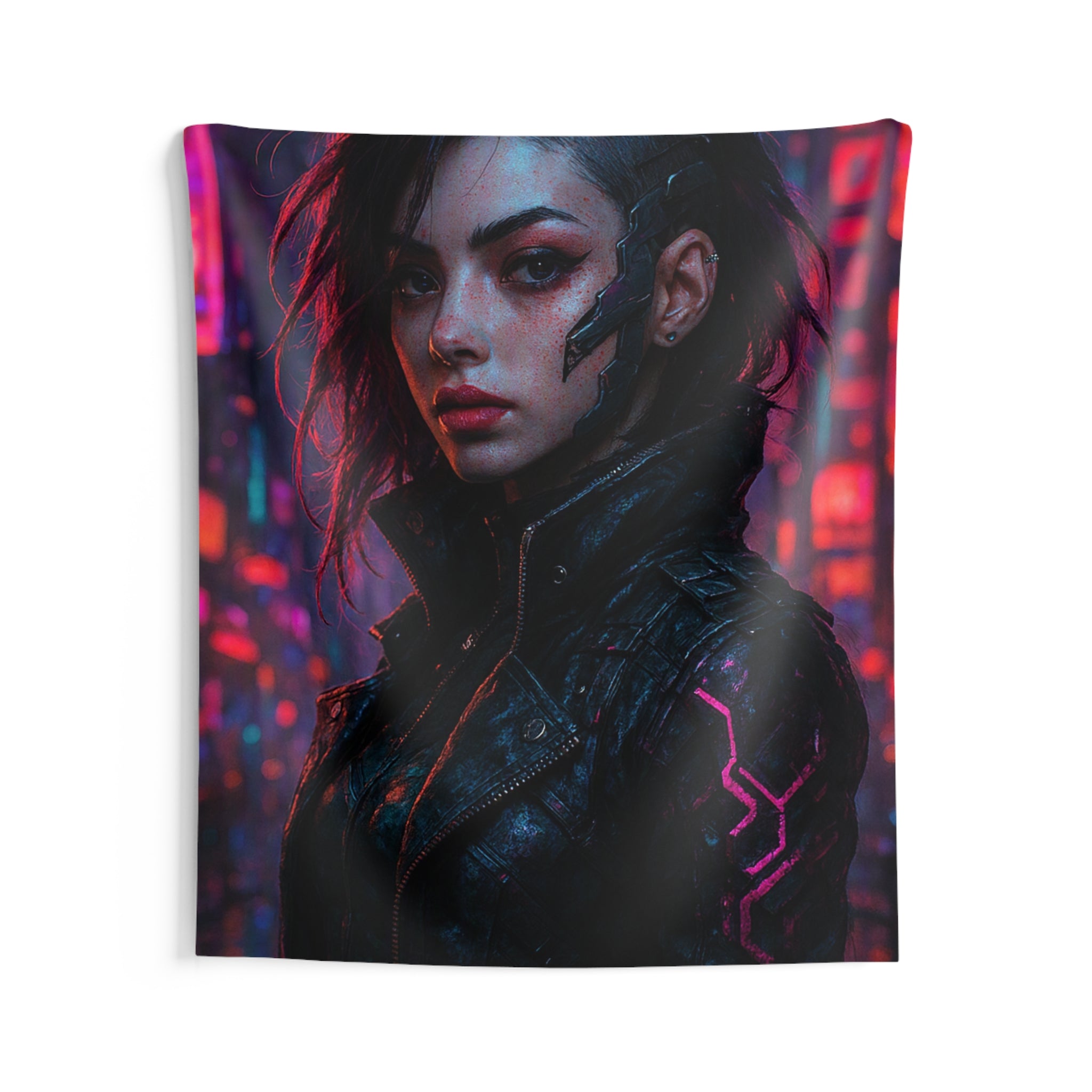 Cyberpunk Female Portrait Wall Tapestry – Neon City Sci‑Fi Decor