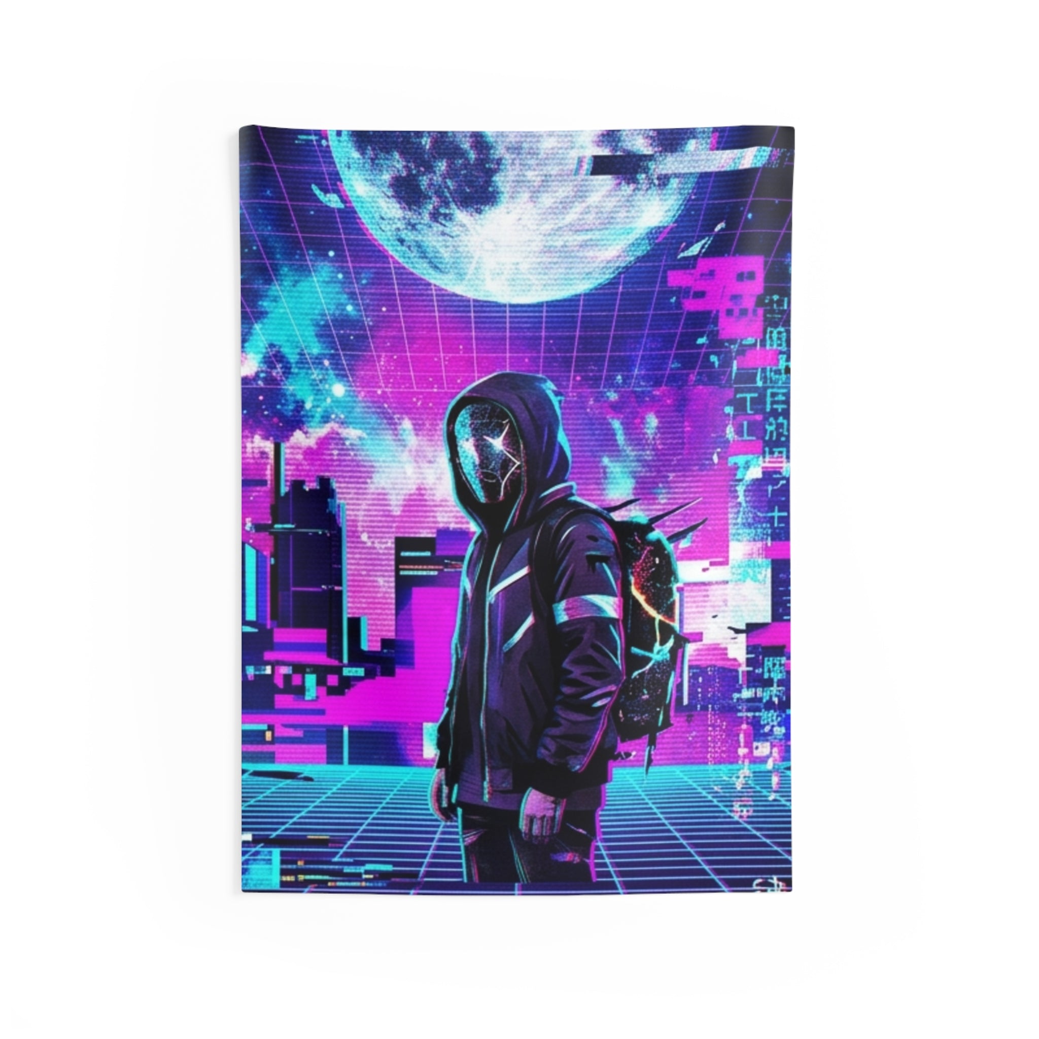 Vaporwave Cyberpunk Tapestry — Neon Moon Hoodie Wall Art