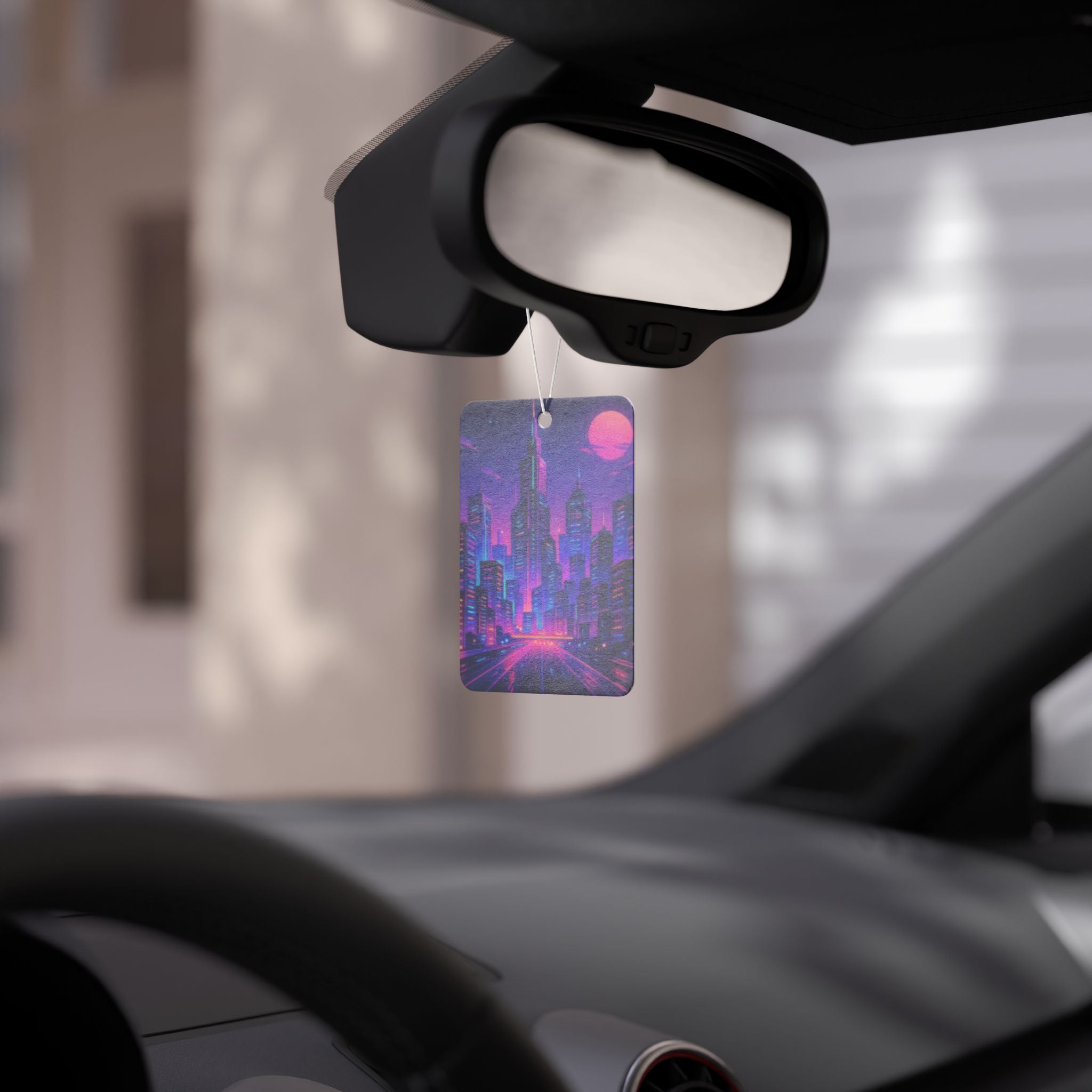 Retro Neon City Car Air Freshener – Vaporwave Skyline Scented Tag