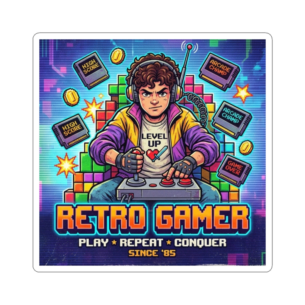 Retro Gamer Kiss-Cut Sticker — 'Level Up' Arcade Controller Design