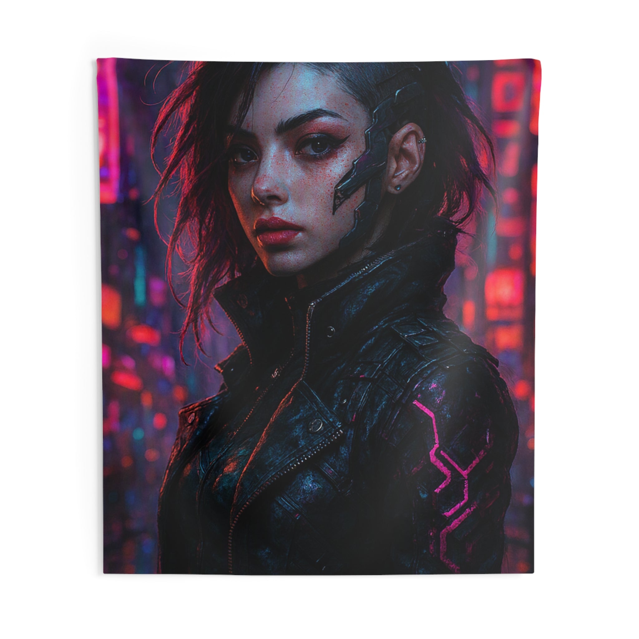 Cyberpunk Female Portrait Wall Tapestry – Neon City Sci‑Fi Decor