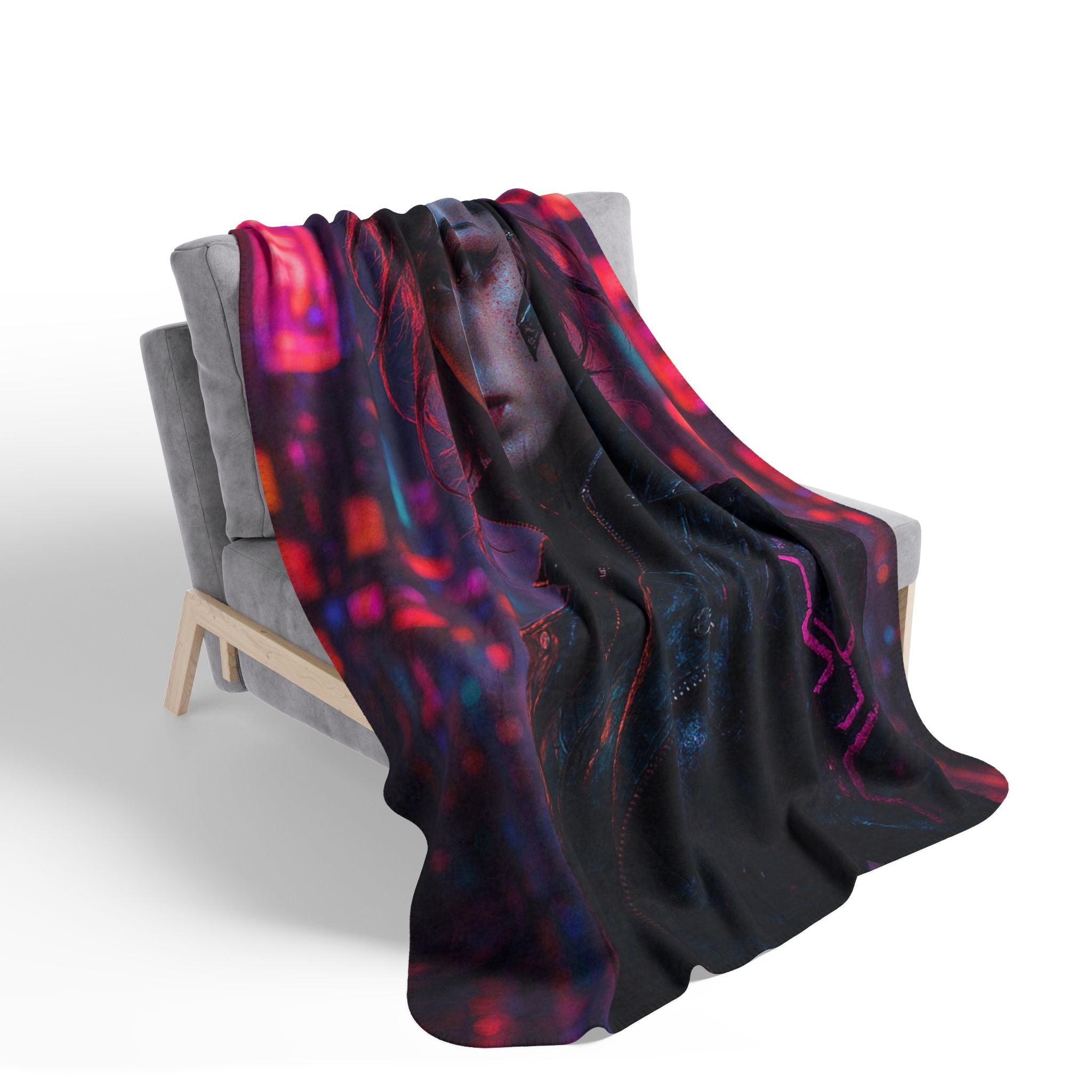 Cyberpunk Portrait Sherpa Blanket — Neon City Futuristic Throw