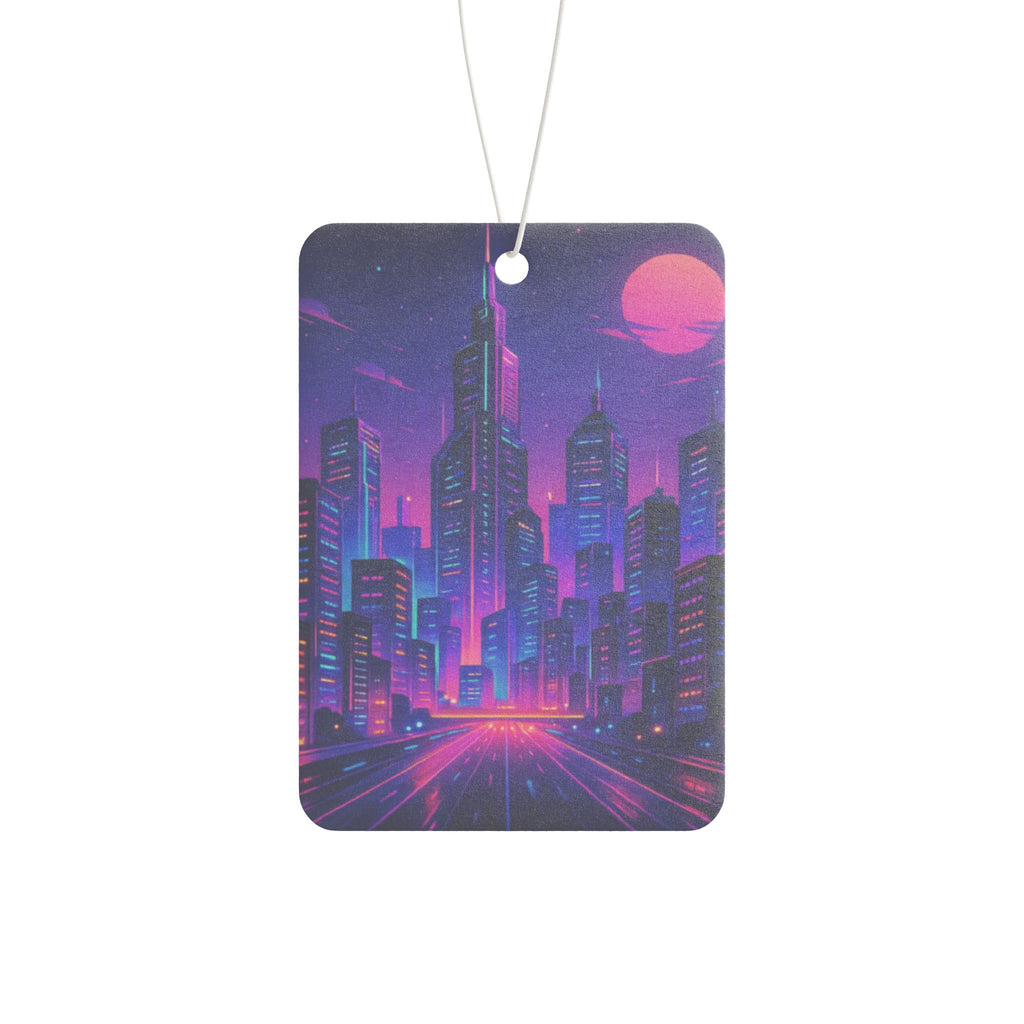 Retro Neon City Car Air Freshener – Vaporwave Skyline Scented Tag