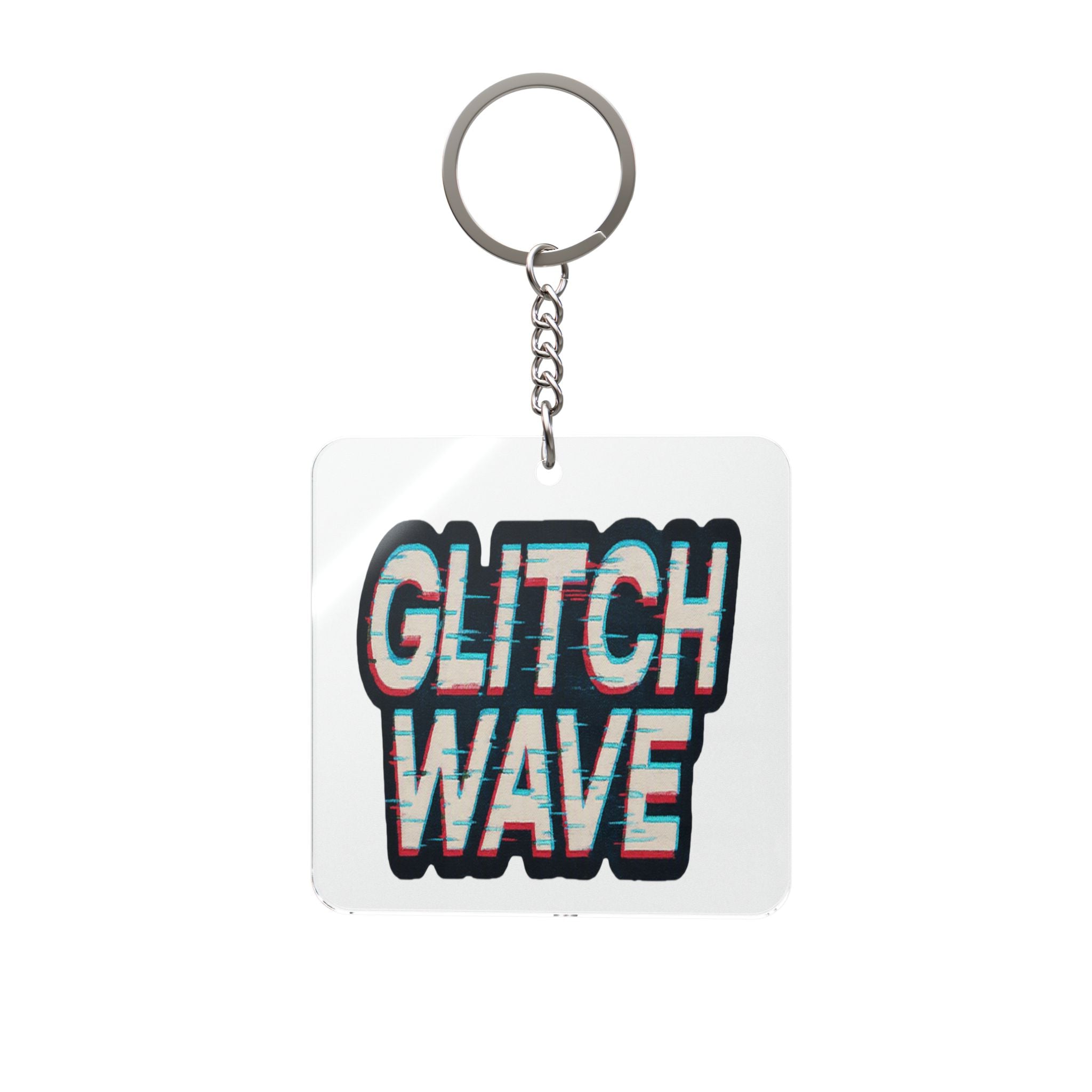 Glitch Wave Square Keychain — Retro VHS Distorted Text Keyring