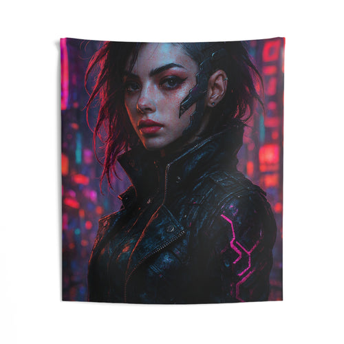 Cyberpunk Female Portrait Wall Tapestry – Neon City Sci‑Fi Decor