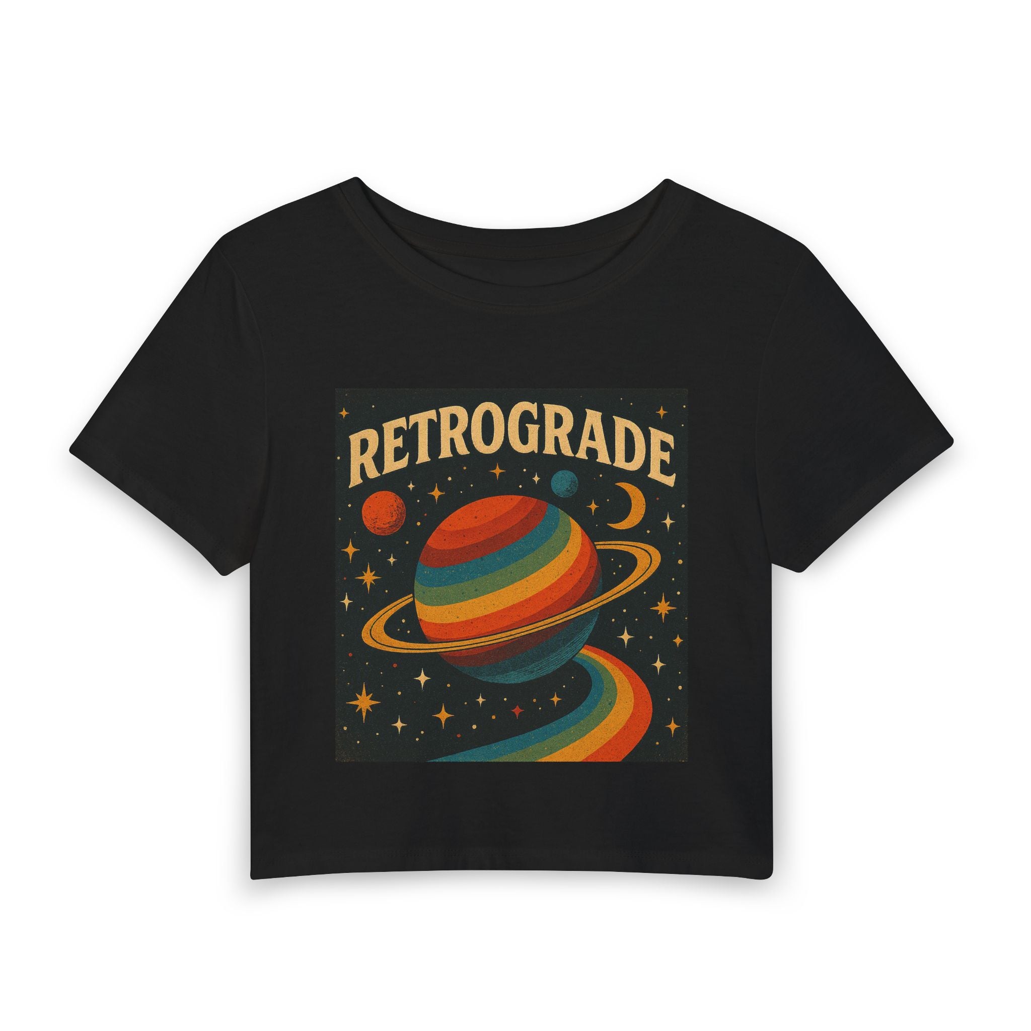 Retrograde Planet Crop Tee – Vintage Rainbow Saturn Graphic
