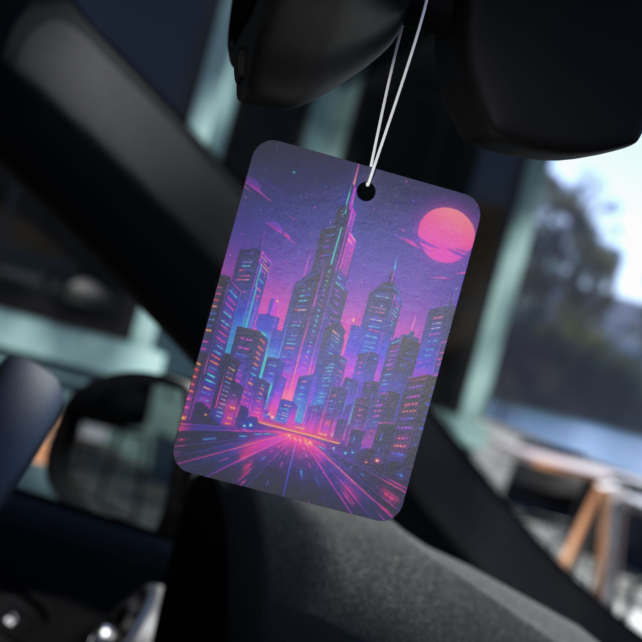 Retro Neon City Car Air Freshener – Vaporwave Skyline Scented Tag