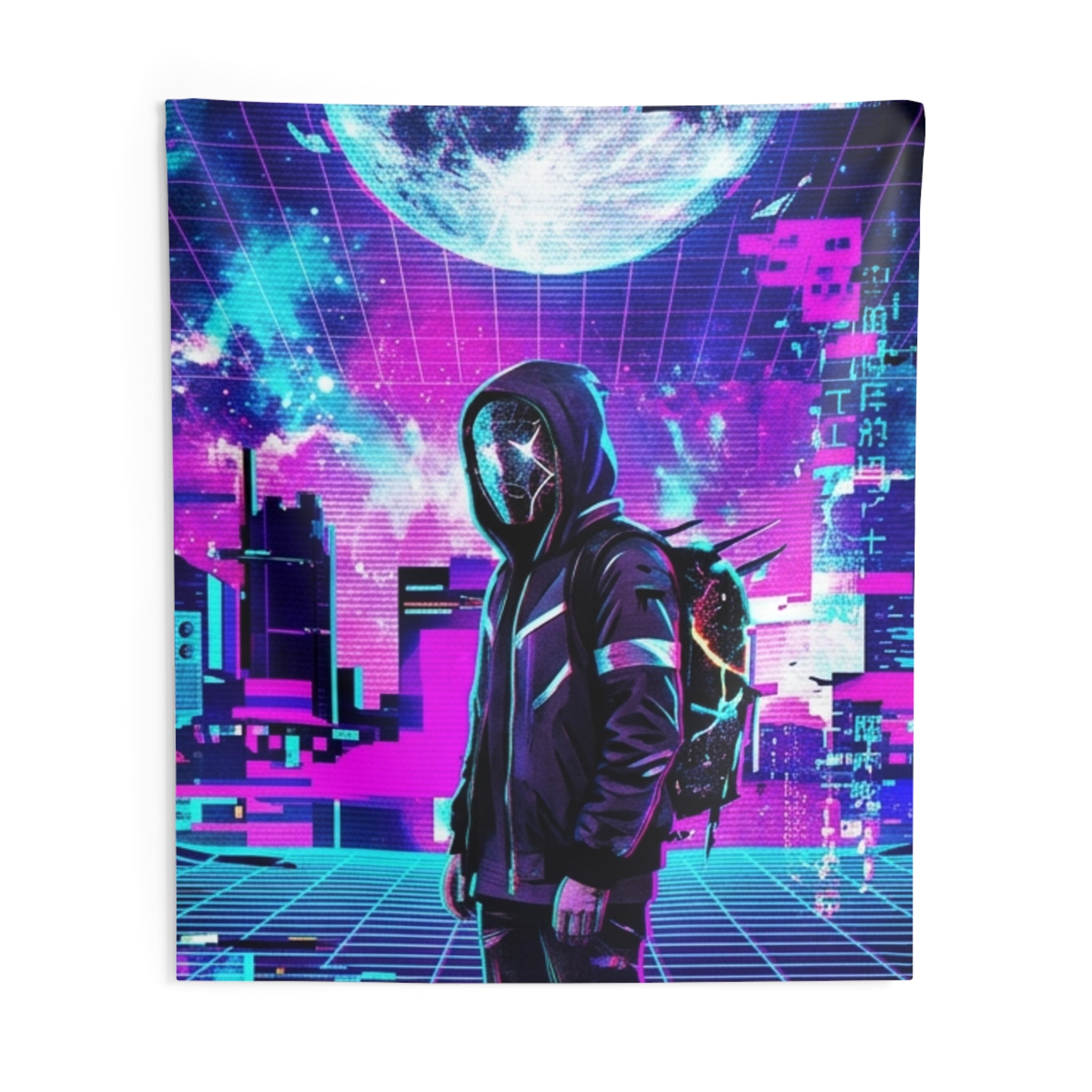 Vaporwave Cyberpunk Tapestry — Neon Moon Hoodie Wall Art