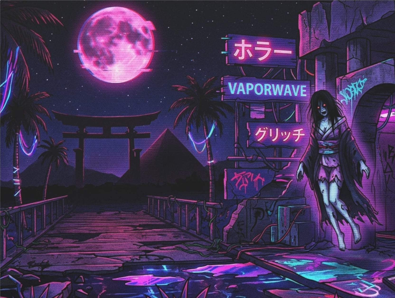 Vaporwave Neon Canvas Print – Retro Japanese Horror Nightscape