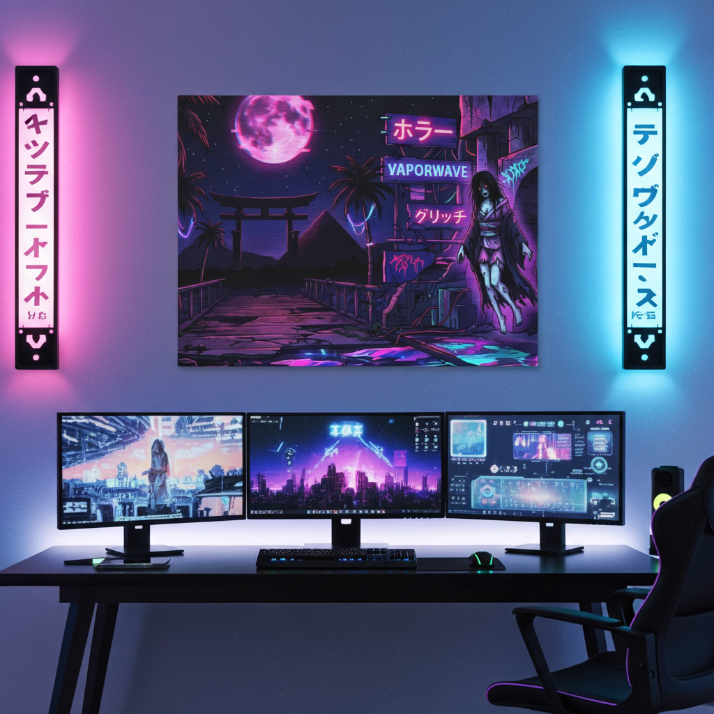 Vaporwave Neon Canvas Print – Retro Japanese Horror Nightscape