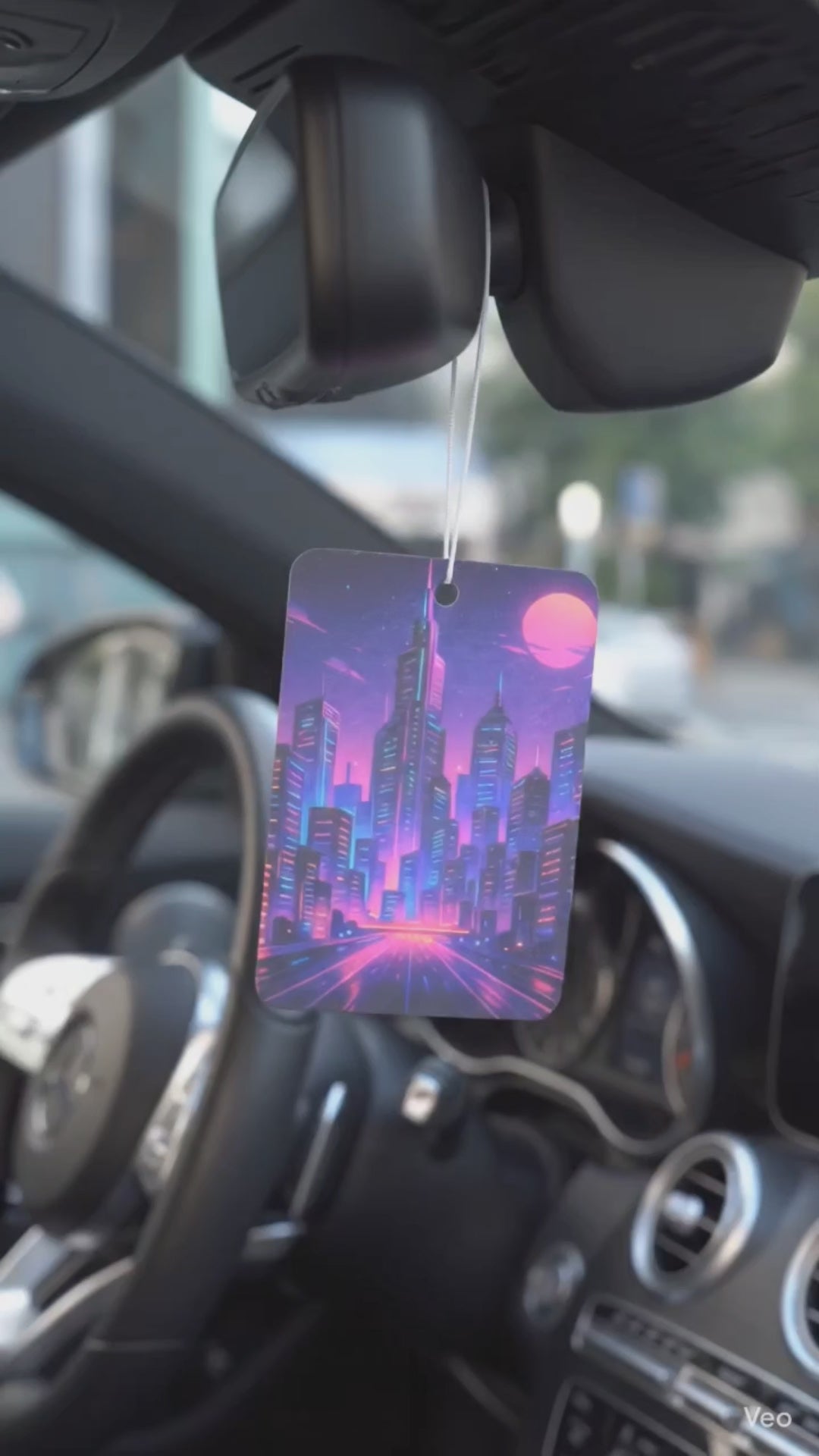 Retro Neon City Car Air Freshener – Vaporwave Skyline Scented Tag